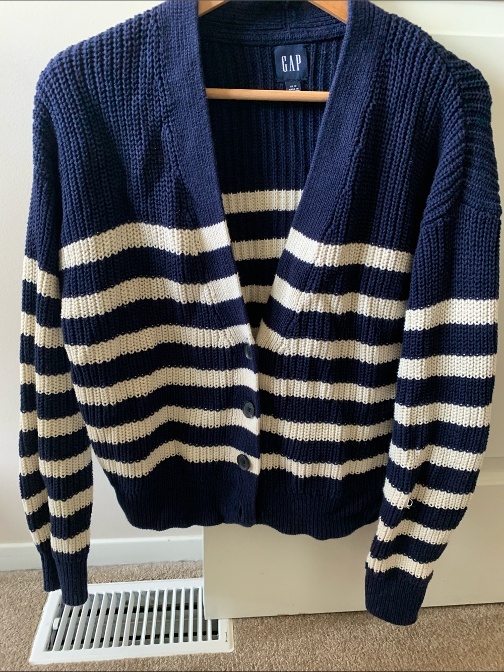 GAP Navy and Cream Striped Knit Button-Front Cardigan